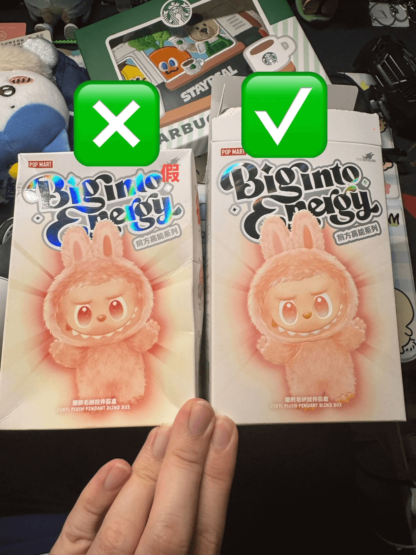 Side-by-side comparison of authentic and fake Labubu packaging
