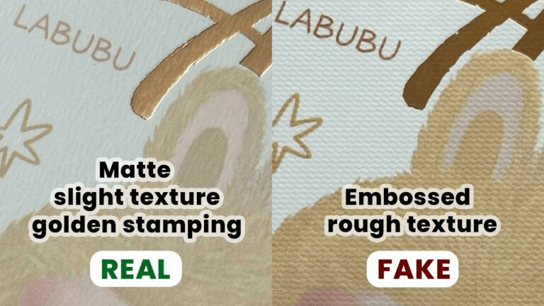 Close-up of authentic vs. fake Labubu box printing and logo