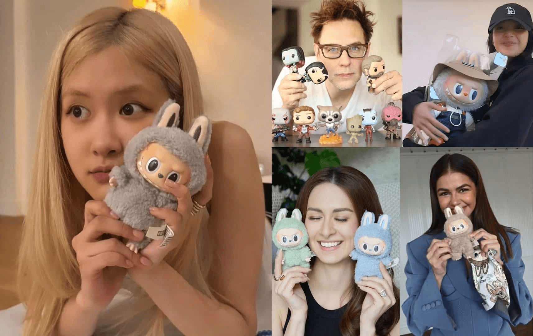 A collage of celebrities with their Labubu figures, social media posts highlighted