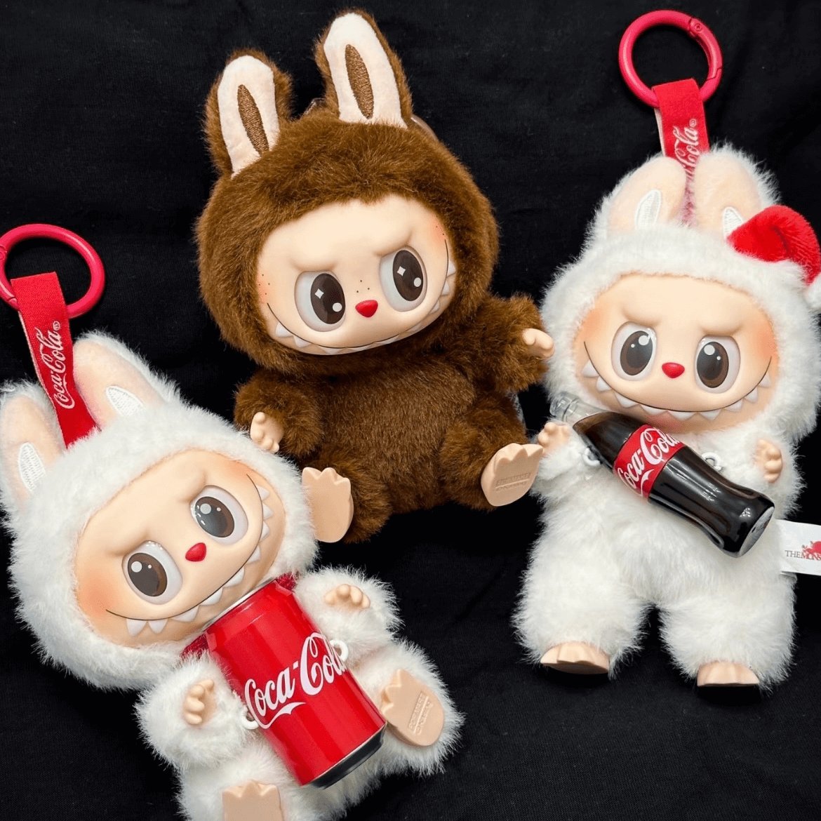 A lineup of limited-edition Labubu figures, including collaborations with Coca-Cola and One Piece