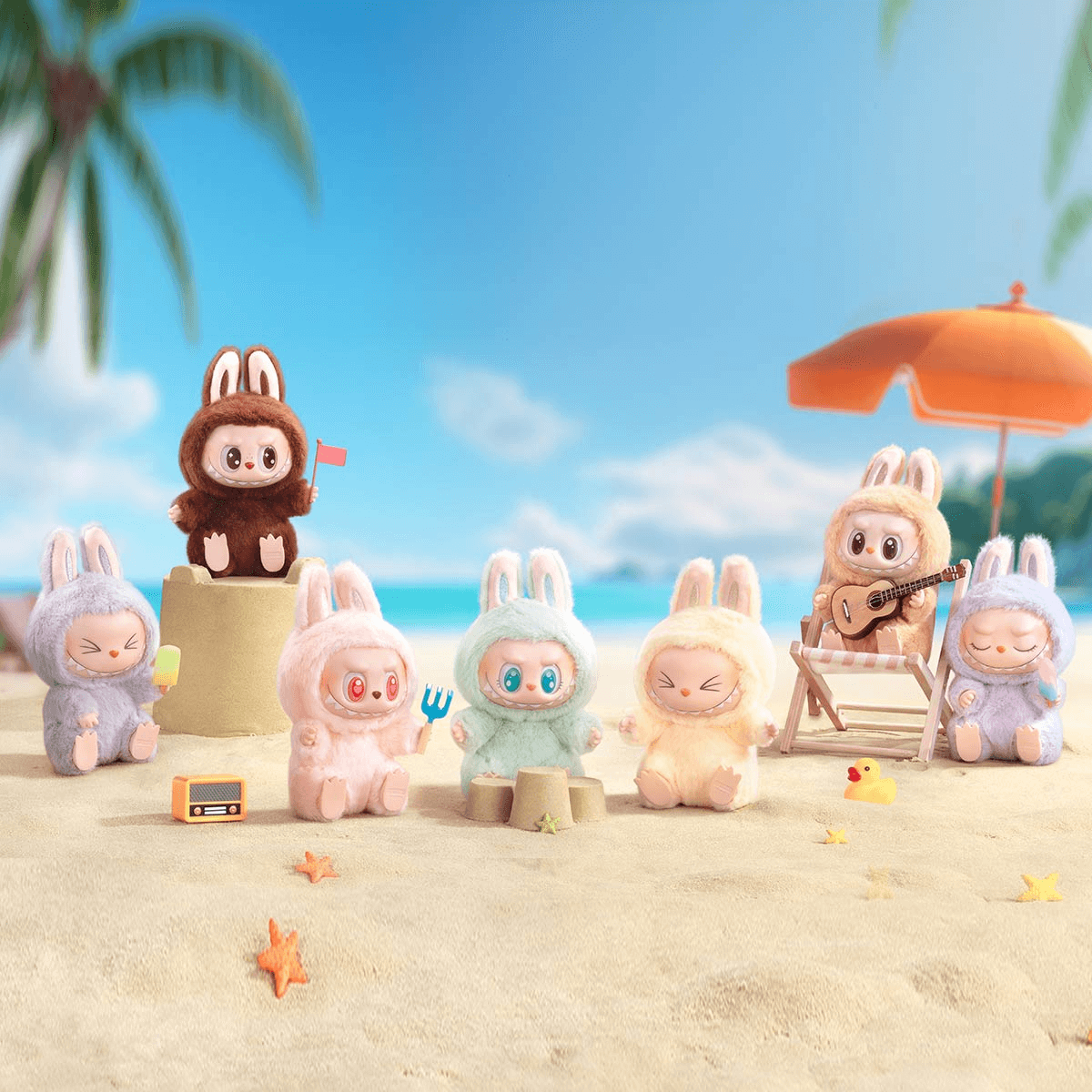 Labubu collectible figures arranged in a whimsical, storybook-inspired setting