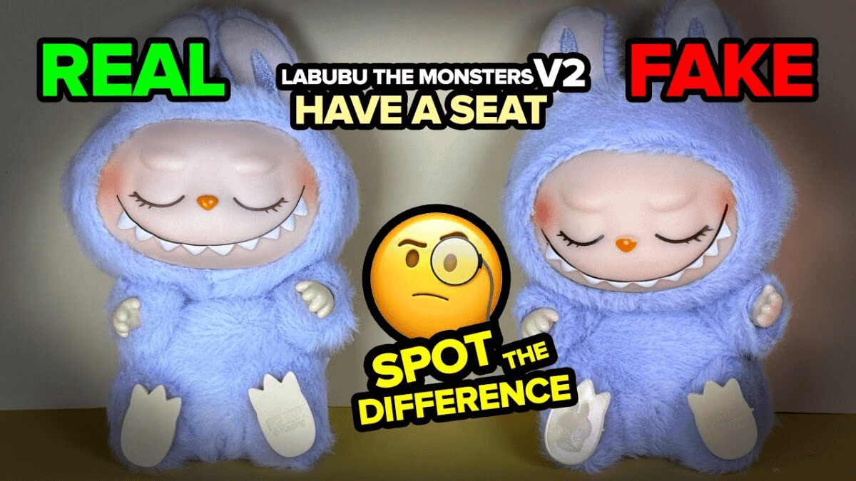A lineup of real and fake Labubu figures side by side for comparison