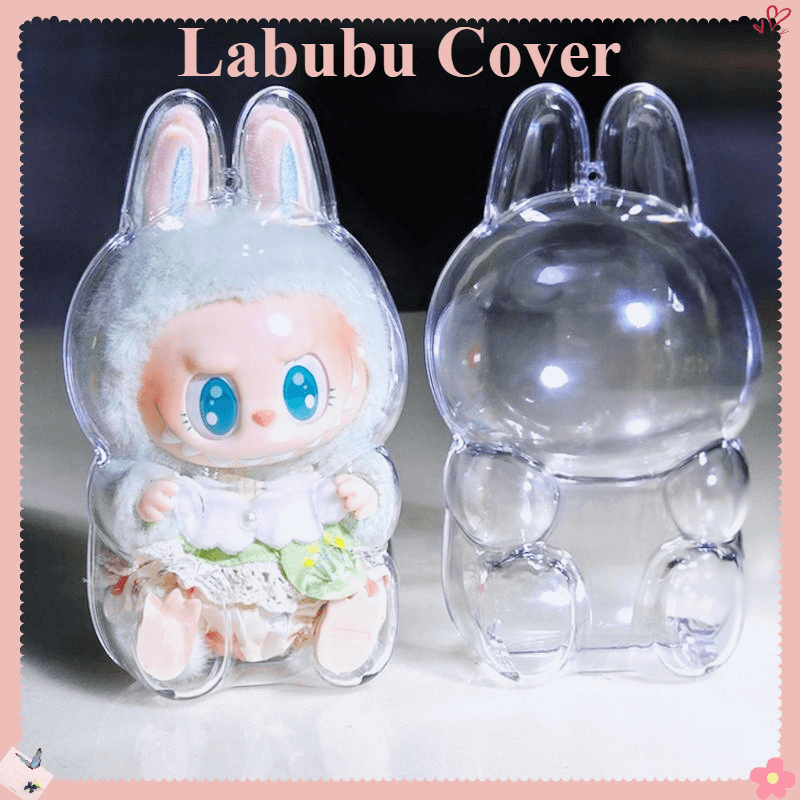 A Labubu doll inside a transparent protective carrying case